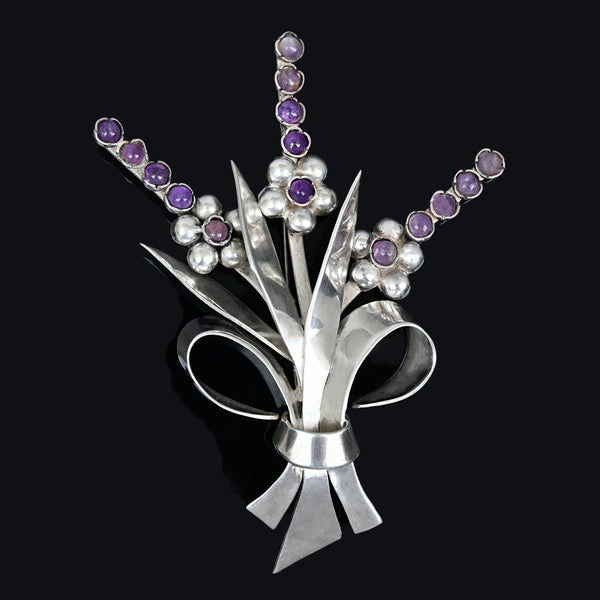Fred Davis Amethyst Sterling Silver Floral Brooch 1940s - Boylerpf