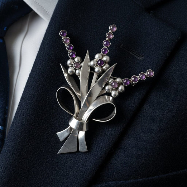 Fred Davis Amethyst Sterling Silver Floral Brooch 1940s - Boylerpf
