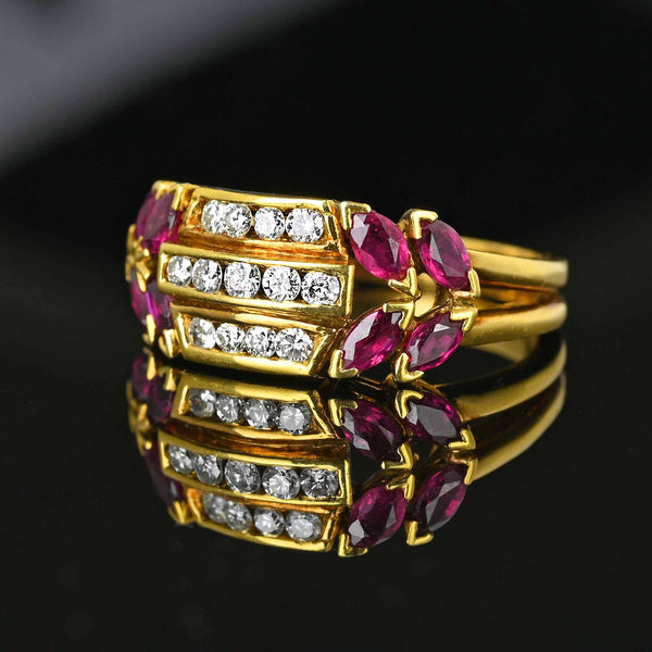 18K Gold Three Row Diamond Marquise Ruby Ring, 1940s - Boylerpf