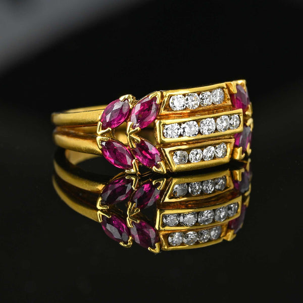 18K Gold Three Row Diamond Marquise Ruby Ring, 1940s - Boylerpf