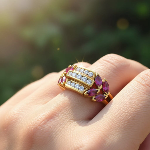 18K Gold Three Row Diamond Marquise Ruby Ring, 1940s - Boylerpf
