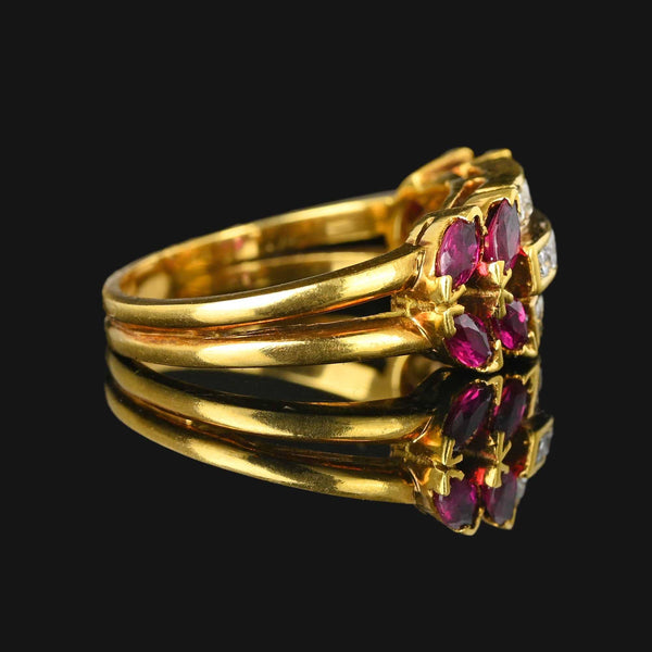 18K Gold Three Row Diamond Marquise Ruby Ring, 1940s - Boylerpf