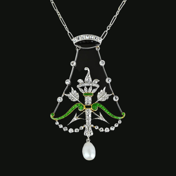 Art Deco Arrow & Crown Enamel Emerald Diamond Necklace - Boylerpf