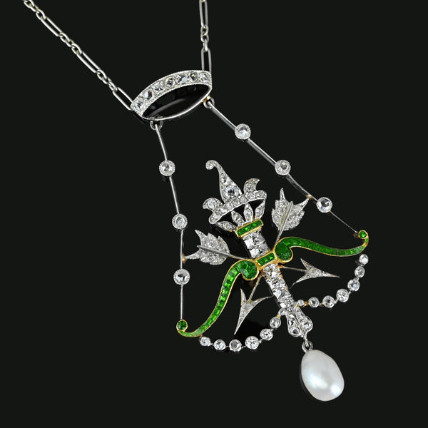 Art Deco Arrow & Crown Enamel Emerald Diamond Necklace - Boylerpf