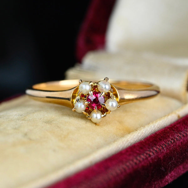 Antique Gold Ruby Solitaire Pearl Cluster Ring - Boylerpf