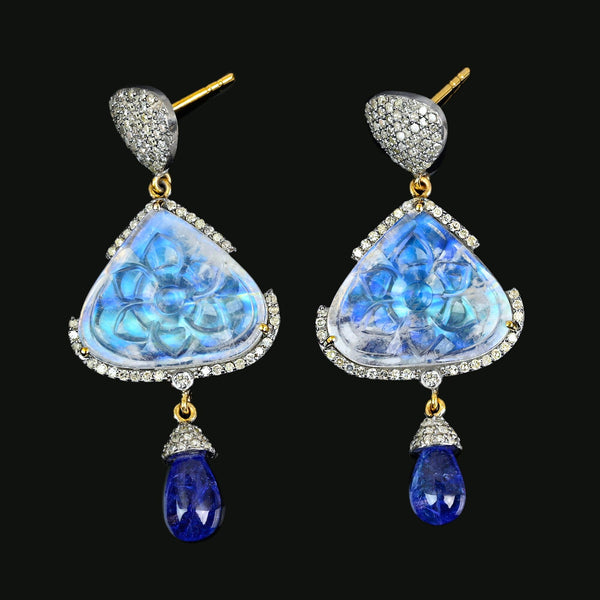 Vintage Diamond Tanzanite Carved Moonstone Earrings, Platinum & 14k Gold - Boylerpf