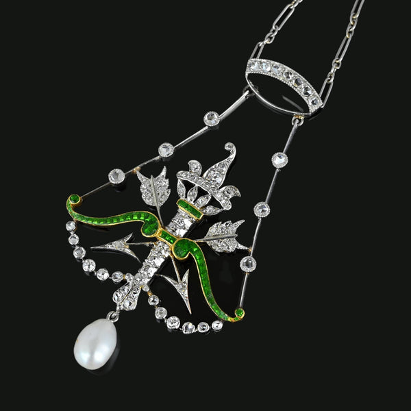 Art Deco Arrow & Crown Enamel Emerald Diamond Necklace - Boylerpf