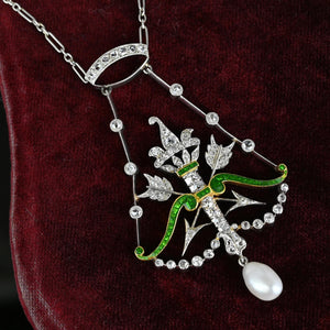 Art Deco Arrow & Crown Enamel Emerald Diamond Necklace - Boylerpf