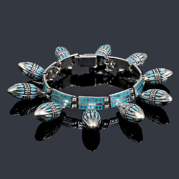 Margot de Taxco Turquoise Enamel Sterling Silver Charm Bracelet