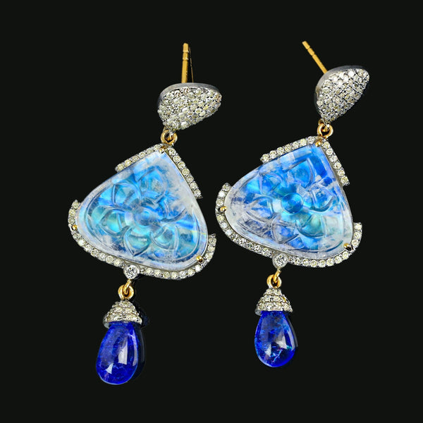 Vintage Diamond Tanzanite Carved Moonstone Earrings, Platinum & 14k Gold - Boylerpf