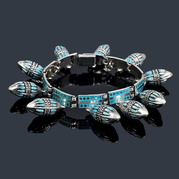 Margot de Taxco Turquoise Enamel Sterling Silver Charm Bracelet