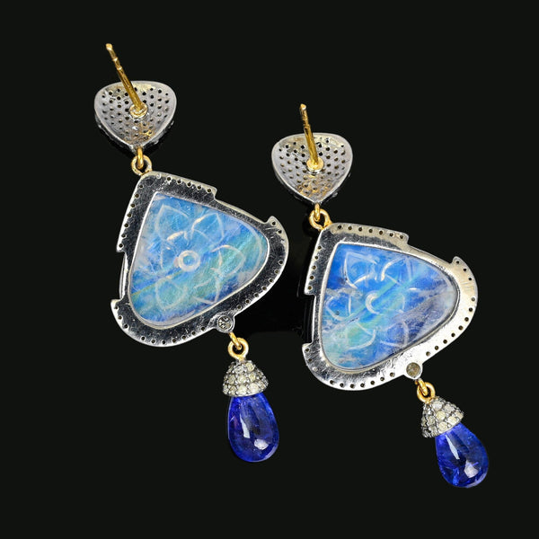 Vintage Diamond Tanzanite Carved Moonstone Earrings, Platinum & 14k Gold - Boylerpf