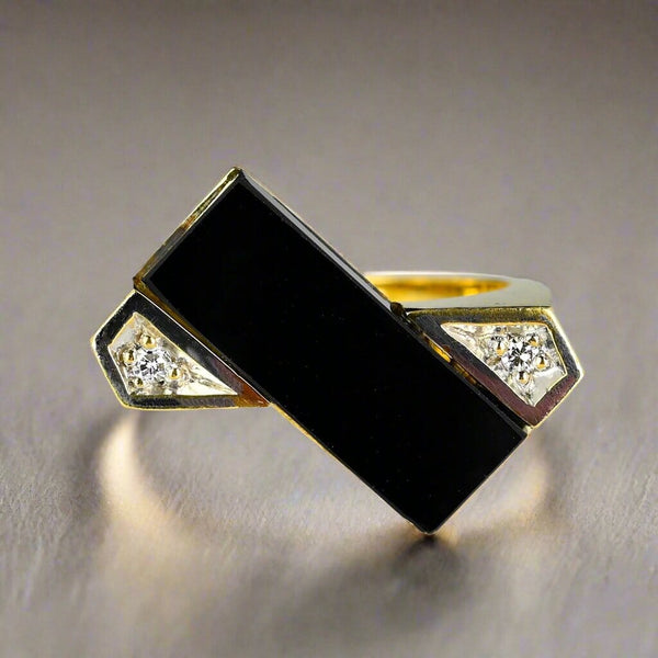 Vintage Heavy 14K Gold Diamond Rectangle Black Onyx Ring - Boylerpf