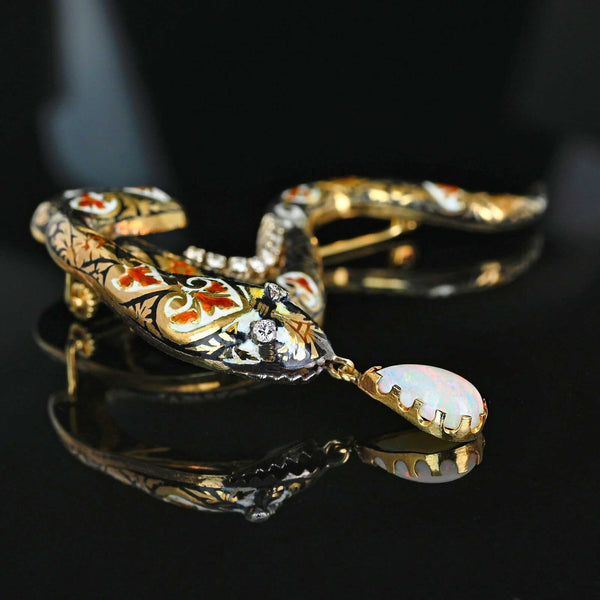 Vintage 14K Gold Snake Brooch Diamond Eyes Opal Enamel Pin - Boylerpf