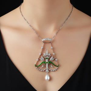 Antique Platinum Bow & Arrow Enamel Emerald Diamond Necklace - Boylerpf