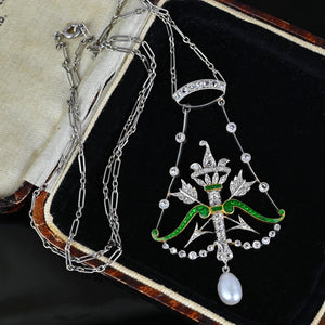 Art Deco Arrow & Crown Enamel Emerald Diamond Necklace - Boylerpf