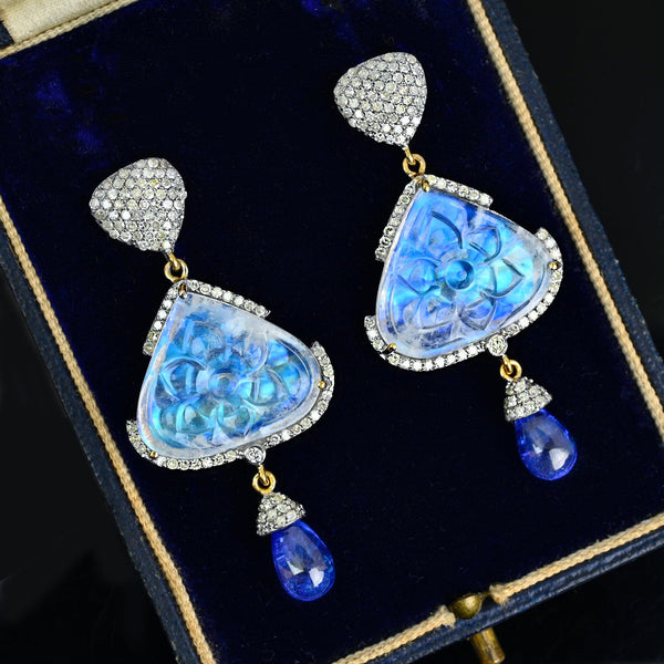 Vintage Diamond Tanzanite Carved Moonstone Earrings, Platinum & 14k Gold - Boylerpf