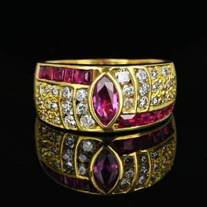 Wide 18K Gold Diamond Marquise Ruby Ring Band