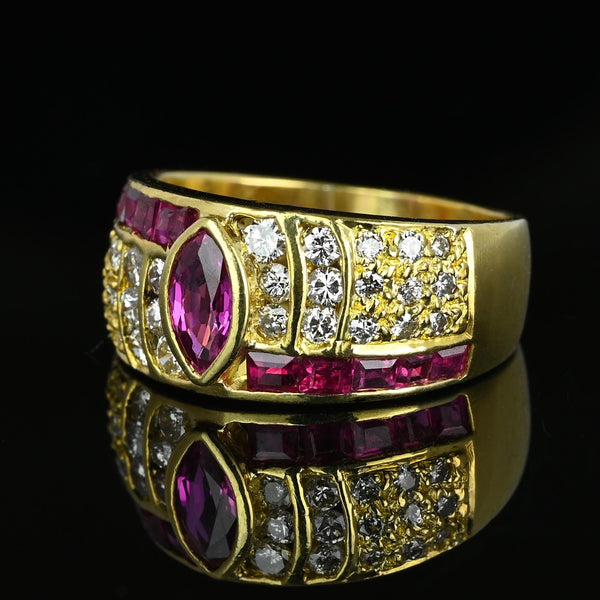 Wide 18K Gold Diamond Marquise Ruby Ring Band - Boylerpf