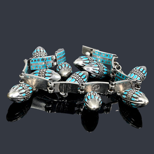 Margot de Taxco Turquoise Enamel Sterling Silver Charm Bracelet