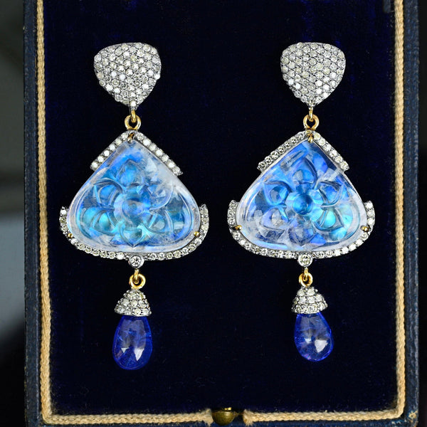 Vintage Diamond Tanzanite Carved Moonstone Earrings, Platinum & 14k Gold - Boylerpf