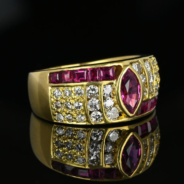 Wide 18K Gold Diamond Marquise Ruby Ring Band - Boylerpf