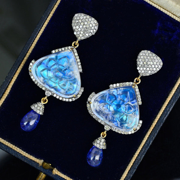 Vintage Diamond Tanzanite Carved Moonstone Earrings, Platinum & 14k Gold - Boylerpf