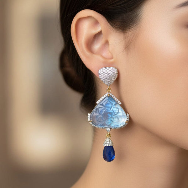 Vintage Diamond Tanzanite Carved Moonstone Earrings, Platinum & 14k Gold - Boylerpf