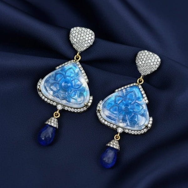 Vintage Diamond Tanzanite Carved Moonstone Earrings, Platinum & 14k Gold - Boylerpf
