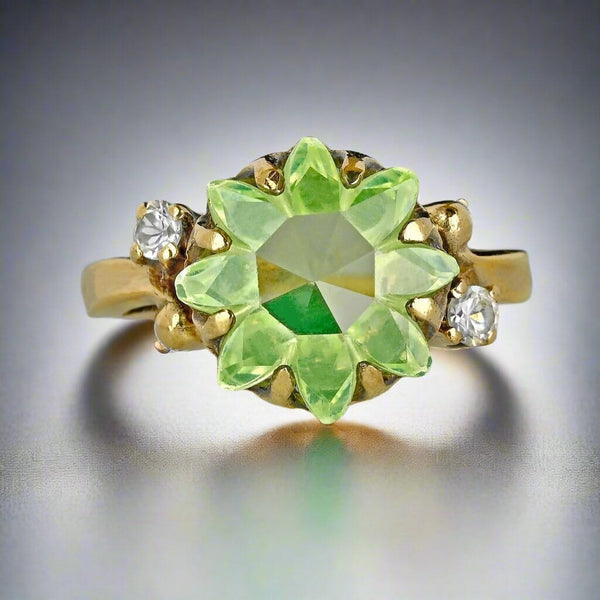 Retro Gold Floral Fancy Cut Green Spinel Ring, Sapphire Accents - Boylerpf