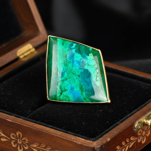 Modernist 14K Gold Chrysocolla Statement Ring, 16 Carat