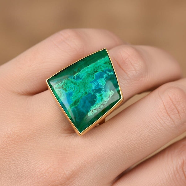 Modernist 14K Gold Chrysocolla Statement Ring, 16 Carat