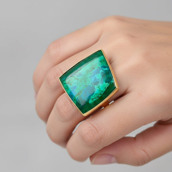 Modernist 14K Gold Chrysocolla Statement Ring, 16 Carat