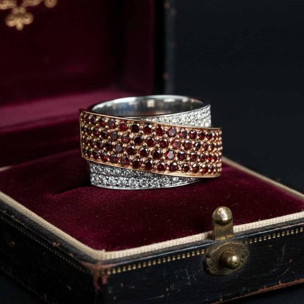 Rare Red White Diamond Crossover Ring 14K Gold Band - Boylerpf