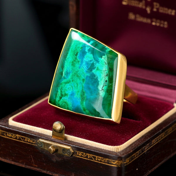 Modernist 14K Gold Chrysocolla Statement Ring, 16 Carat