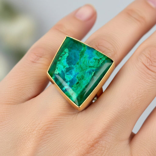 Modernist 14K Gold Chrysocolla Statement Ring, 16 Carat