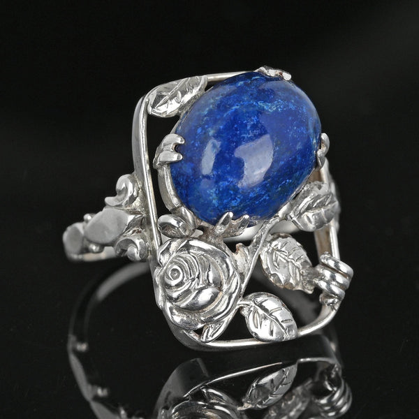 Arts & Crafts Rose and Leaf Silver Lapis Lazuli Ring - Boylerpf