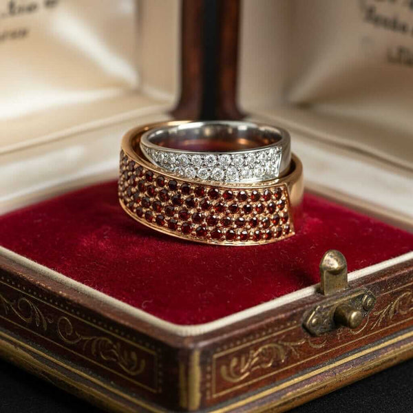 Rare Red White Diamond Crossover Ring 14K Gold Band - Boylerpf