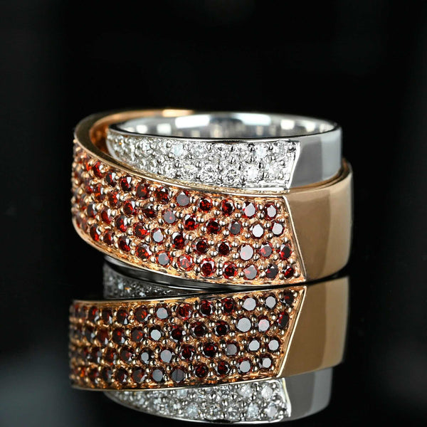 Rare Red White Diamond Crossover Ring 14K Gold Band - Boylerpf