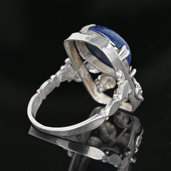 Arts & Crafts Rose and Leaf Silver Lapis Lazuli Ring - Boylerpf