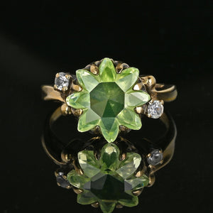 Retro Gold Floral Fancy Cut Green Spinel Ring, Sapphire Accents - Boylerpf