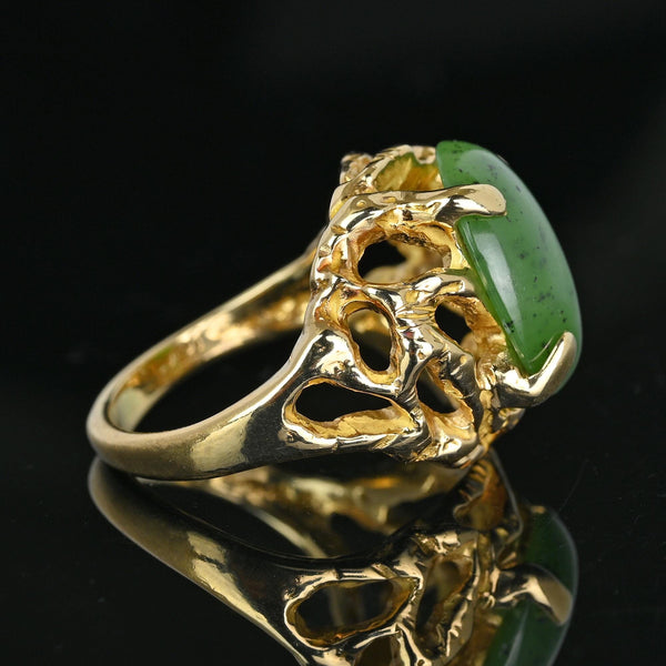 Vintage Heavy 18K Gold Brutalist Jade Ring - Boylerpf