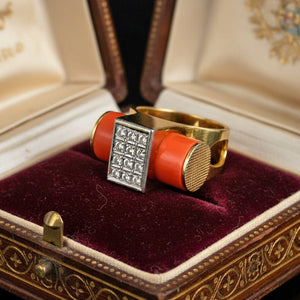Vintage Coral Diamond Ring 14K Gold Platinum Statement - Boylerpf
