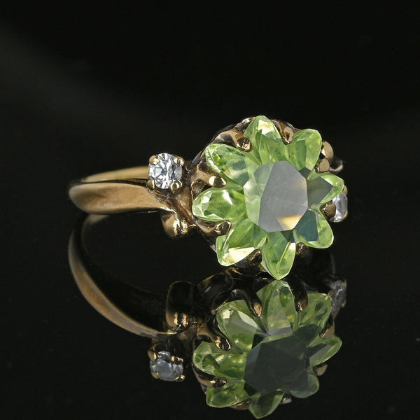 Retro Gold Floral Fancy Cut Green Spinel Ring, Sapphire Accents - Boylerpf