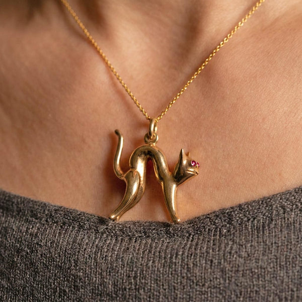 Vintage 9K Gold Cat Pendant with Natural Ruby Eyes
