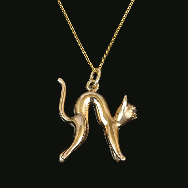 Vintage 9K Gold Cat Pendant with Natural Ruby Eyes