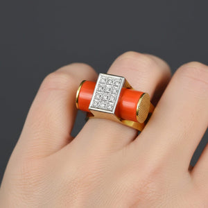 Vintage Coral Diamond Ring 14K Gold Platinum Statement - Boylerpf
