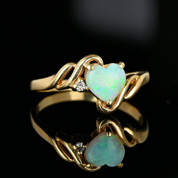 Vintage Gold Opal Heart Ring with Diamond Accent - Boylerpf