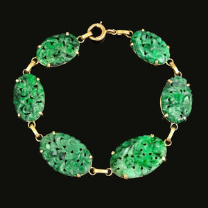 Art Deco 14K Gold Natural Jadeite Jade Bracelet, Circa 1920 - Boylerpf