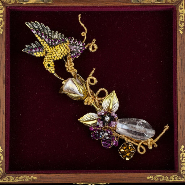 Mindy Lam Hummingbird Brooch Signed Crystal Gold Filled Pin